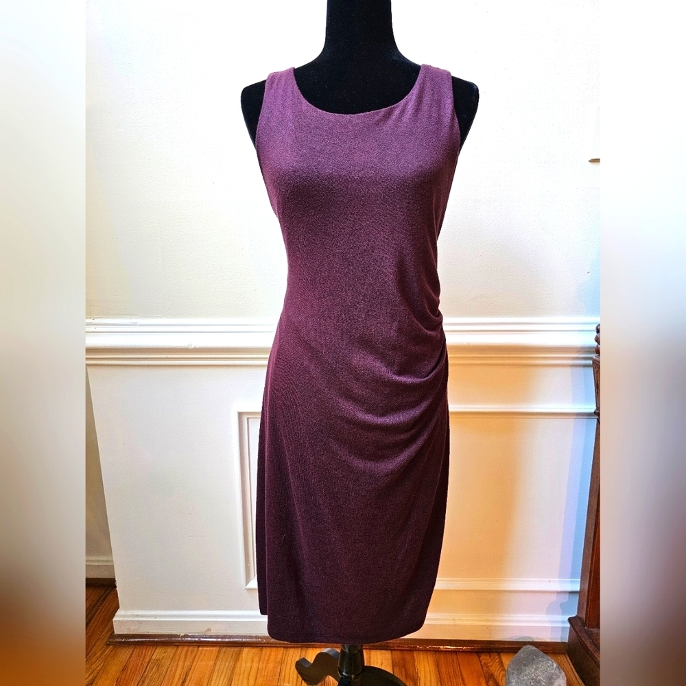 Ann Taylor Loft Dress Size Large Sleeveless Burgundy Purple Knit Rouched